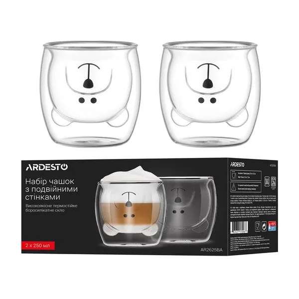 Набор чашек с двойными стенками ARDESTO Animals, 250мл, 2шт, боросиликатное стекло, прозрачный