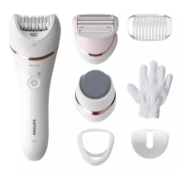 Эпилятор  Philips Epilator Series 8000 дисковый, аккумуляторный, пинцет.-32, влаж.+сух., насадок-5, бело-розовый