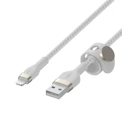 Кабель USB-A > Lightning заряджання/синхронізації Belkin 1м, плетений, силіконовий, з ремінцем на магніті, білий фото