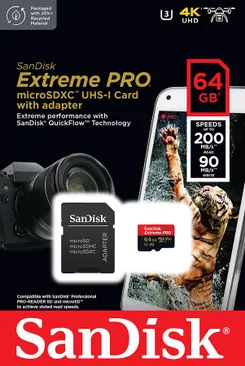 Карта пам'яті SanDisk microSD   64GB C10 UHS-I U3 R200/W90MB/s Extreme Pro V30 + SD фото