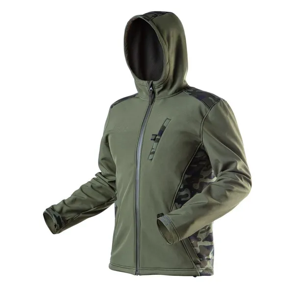 Куртка робоча Neo Tools Camo, матеріал Softshell, підкладка фліс, вітро та водонепроникна, капюшон, L(52), оливковий