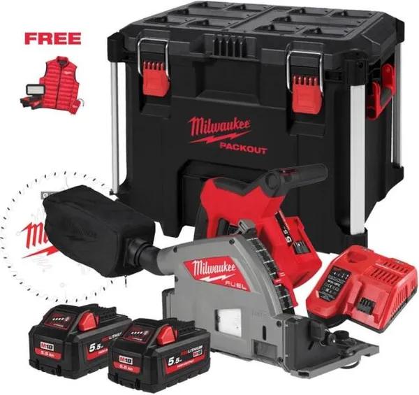 Пила дискова занурювальна акумуляторна безщіткова MILWAUKEE M18 FPS55MC-552P (+ заряд.пристрій, 2 акум., HD кейс)+M18 ALIS-0+жил