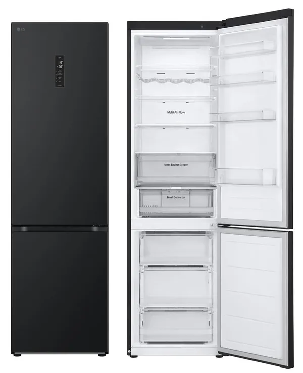 Холодильник LG с нижн. мороз., 203x60х68, холод.отд.-277л, мороз.отд.-107л, 2дв., А++, NF, инв., диспл внешн., Fresh Сonverter, черный мат.