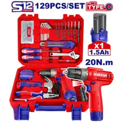 Дрель-шуруповерт акумуляторный EMTOP EEDK12901+ набор инструментов 129 шт. фото
