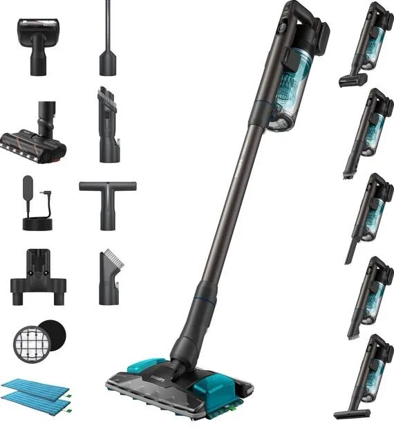 Пылесос Philips беспроводный Complete Series 8000, влажная уборка, конт пыль -0.6л, автон. раб. до 80мин, черно-голубой