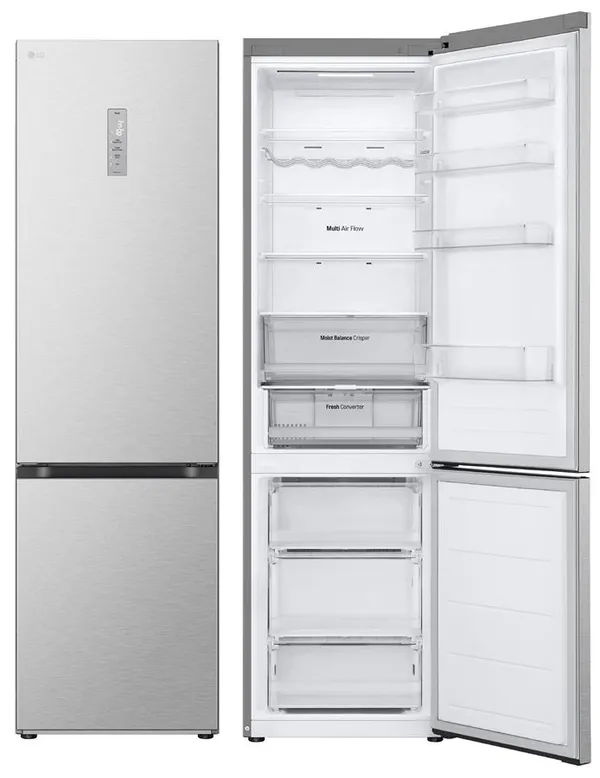 Холодильник LG с нижн. мороз., 203x60х68, холод.отд.-277л, мороз.отд.-107л, 2дв., А++, NF, инв., диспл внешн., Fresh Сonverter, серебристый