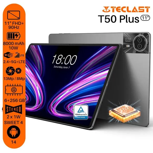 Планшет Teclast T50 Plus 11" 6ГБ, 256ГБ, LTE, 8000мА•год, Android, сірий