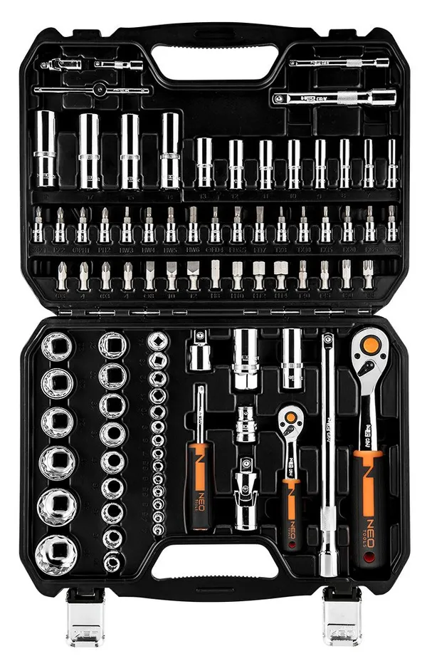 Набор инструментов Neo Tools, набор торцевых головок, 86 шт, 1/2", 1/4", CrV, кейс фото №3
