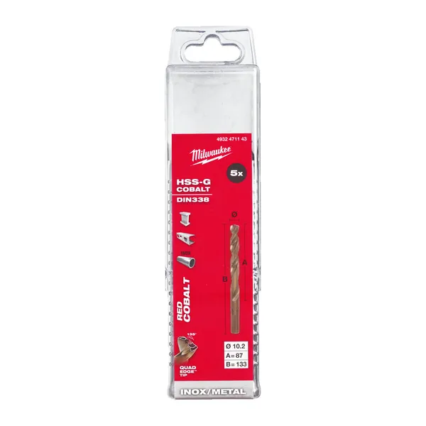 Свердло по металу HSS-Co MILWAUKEE DIN338, діаметр 10,2х133х87мм, (5шт), пластикова коробка