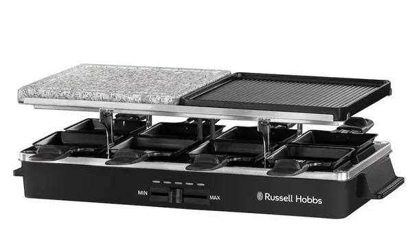 Гриль Russell Hobbs раклетница Multi Raclette 3in1, 1400Вт, 8 сковородок, нерж.сталь, черный