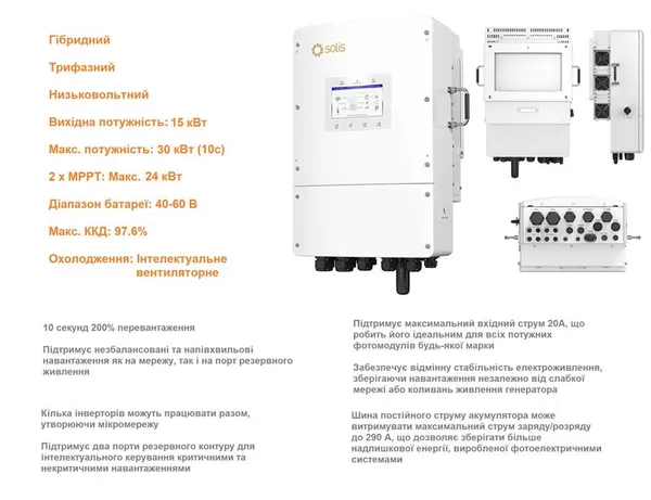 Гибридный инвертор трёхфазный Solis S6 15кВт, 2xMPPT, DC, для LV Batteries