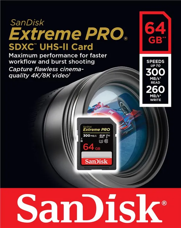 Карта пам'яті SanDisk SD   64GB C10 UHS-II U3 V90 R300/W260MB/s Extreme Pro