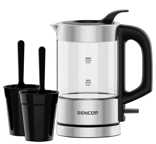 Электрочайник Sencor 0.5л, Strix, пластик, в комплекте 2 стакана + 2ложки, скло, нерж.сталь
