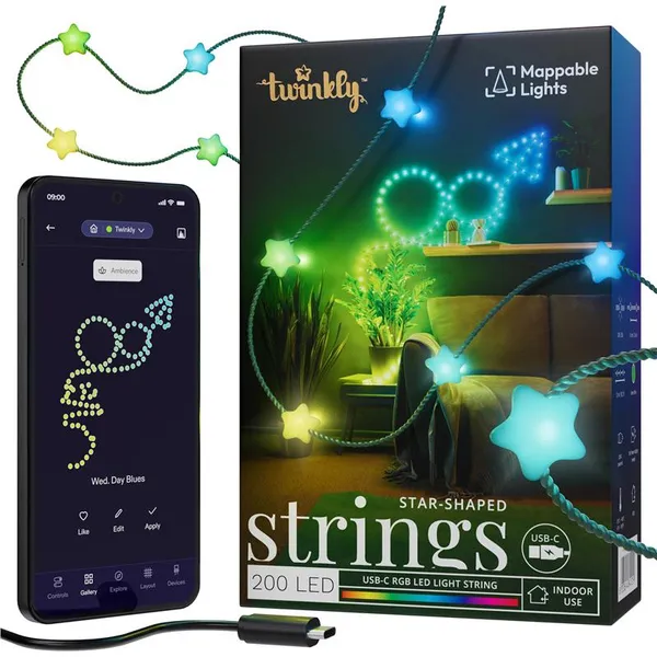 Гирлянда Smart LED Twinkly Strings Star RGB 200 IP20 12м USB-C кабель зеленый