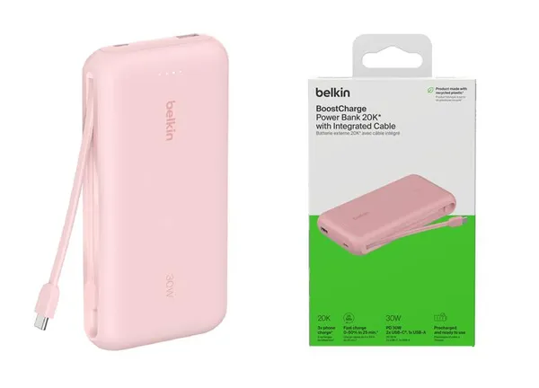 Аккумулятор портативный литий-ионный Power Bank Belkin 20000мА·ч, 30Вт, с интегрированным кабелем USB-C, розовый