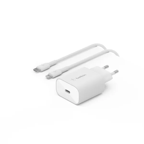 Зарядний пристрій мережевий Belkin 25Вт USB-С PD PPS, кабель USB-С > Lightning, 1м, PVC, білий