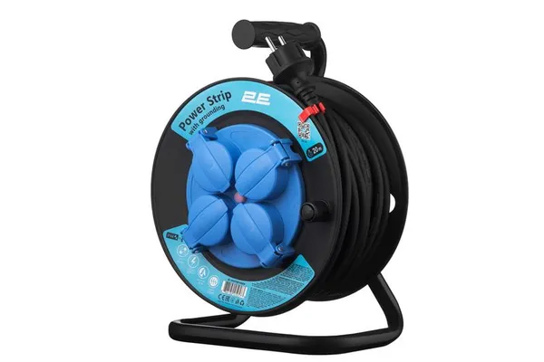 Удлинитель сетевой 2E REEL 20м, 4xТипF, 16A, чёрно-синий