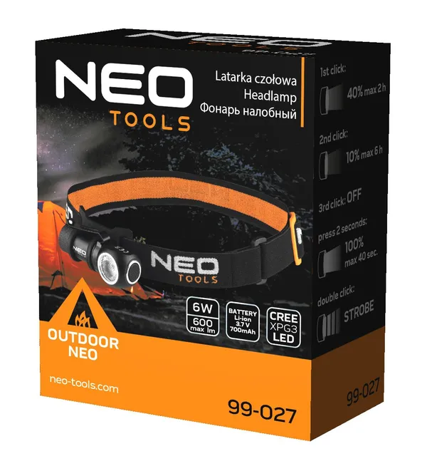 Заказать Фонарь налобный аккумуляторный Neo Tools, 700мА•ч, 600лм, 6Вт, 4 функции освещения, IPX4 с доставкой