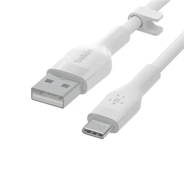 Кабель USB-A > USB-C зарядки/синхронизации Belkin, 2м, Type-C, силиконовый, с клипсой, белый