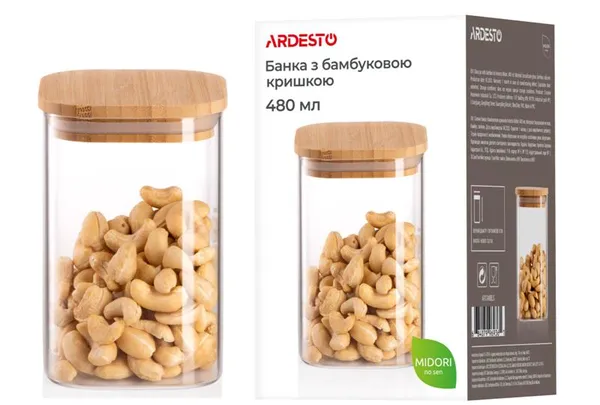 Банка для зберігання Ardesto Midori, 480мл, скло, бамбук, квадратна, прозорий