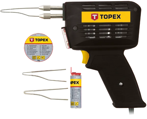 Паяльник электрический TOPEX, 150Вт, 400°C, никелированная медь, паяльная паста, оловянный припой, кейс
