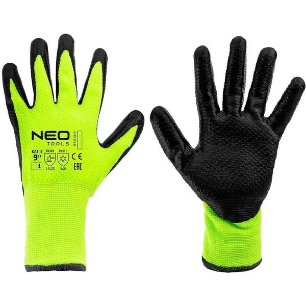 Перчатки рабочие Neo Tools, утепленные, латексное покрытие, полиэстер, р.9, зелено черные цена в Украине