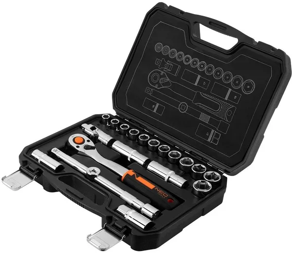 Набор инструментов Neo Tools, набор торцевых головок, 20шт, 1/2", трещотка 90 зубцов, CrV, кейс фото №2