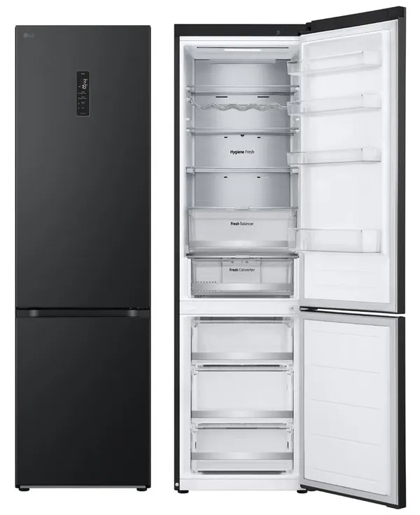 Холодильник LG з нижн. мороз., 203x60х68, холод.відд.-277л, мороз.відд.-110л, 2дв., А++, NF, інв., диспл зовн., Fresh Сonverter, Metal Fresh, чорний