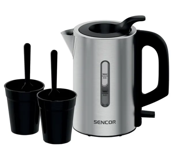 Электрочайник Sencor 0.5л, Strix, пластик, в комплекте 2 стакана + 2ложки, нерж.сталь