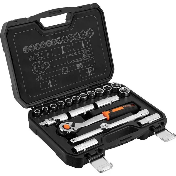 Набор инструментов Neo Tools, набор торцевых головок, 20шт, 1/2", трещотка 90 зубцов, CrV, кейс фото №1