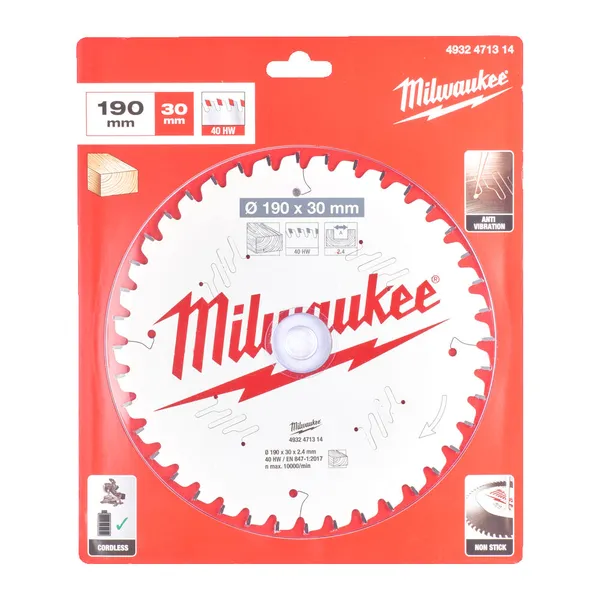 Диск пиляльний PFTE MILWAUKEE, діаметр 190х30х2,4мм, 40 зуб.