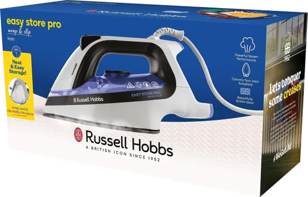 Утюг Russell Hobbs Easy Store Pro, 2400Вт, 320мл, паровой удар -180гр, постоянный пар - 45гр, смотка шнура, керам. подошва, бело-синий в наличии