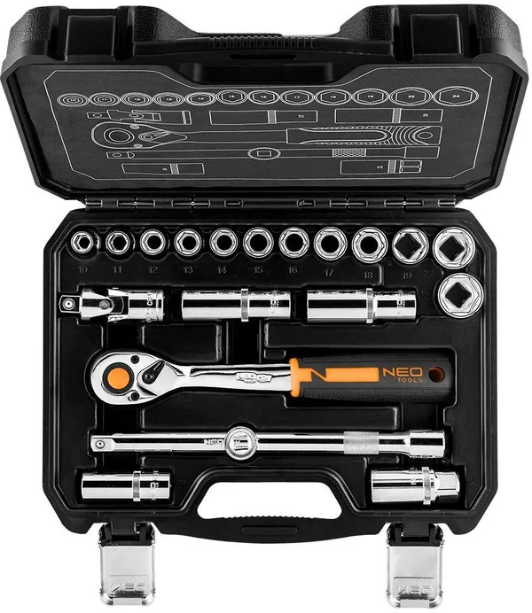 Набор инструментов Neo Tools, набор торцевых головок, 20шт, 1/2", трещотка 90 зубцов, CrV, кейс фото №5