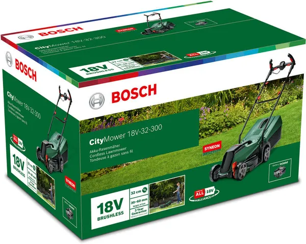 Газонокосилка аккумуляторная Bosch CityMower 18V-32-300 18В акб 1х4А·час 34см 31л 30-60мм 9.4кг в наличии