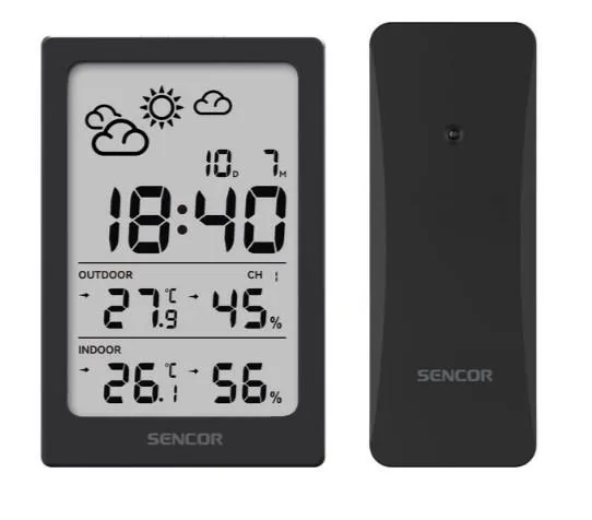 Метеостанція Sencor, внутр/зовн вимірювання, AAAx2+AAx2, темп-ра, вологість, час, чорний