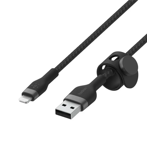 Кабель USB-A > Lightning зарядки/синхронизации Belkin, 1м, витой, силиконовый, с ремешком на магните, черный