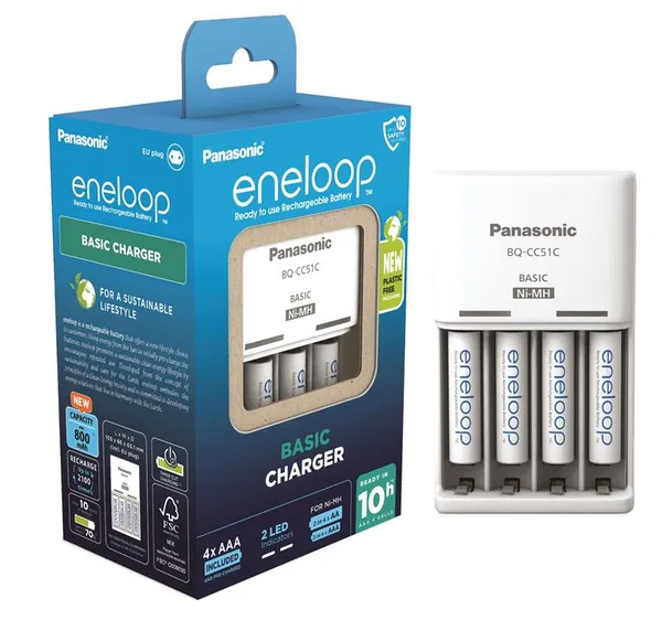 Зарядное устройство Basic Charger + Аккумулятор Eneloop NI-MH AAA 800 мАч, 4 шт.