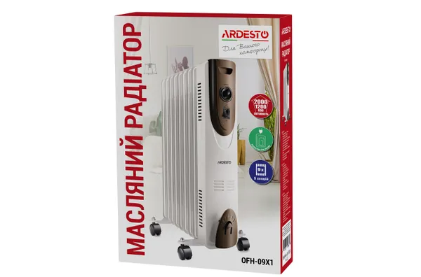 Масляный радиатор ARDESTO, 20м2, 2000Вт, мех. упр-ние, 9 секций, белый купить онлайн