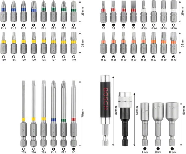 Биты Bosch Colored PromoLine, набор 43шт, битодержатель, торцевые головки 3шт, SL, PH, PZ, H, T, TT, кейс