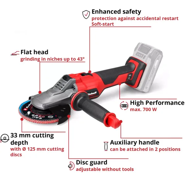 Шлифмашина угловая аккумуляторная Einhell TP-AG 18/125 F Li BL - Solo, PXC, 18В, бесщеточная, 125 мм, 8500 об/мин, плоский редуктор, 1.57кг (без АКБ и ЗУ) отзывы