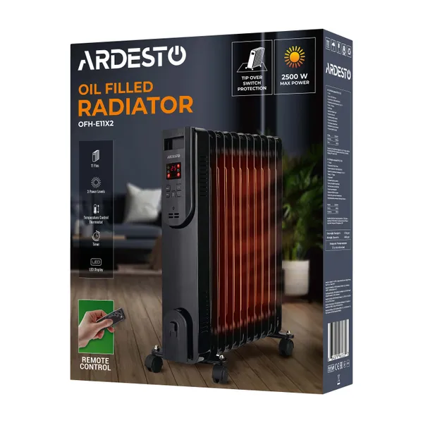 Купити Обігрівач оливний ARDESTO, 25м2, 2500Вт, електр. упр-ння, 11 секцій, пульт ДК, чорний