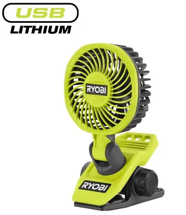 Вентилятор аккумуляторный клипса Ryobi USB Lithium RCF4-0 4В 3800об/мин вращение 325° поворот 180° 2 скорости 0.29кг без АКБ и ЗУ