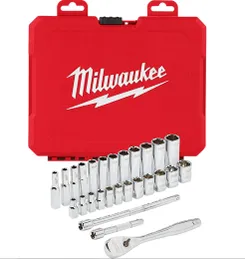 Набір головок торцевих хромованих 1/4'' MILWAUKEE, з тріскачкою та 2 подовжувачами, (28шт), пластиковий органайзер фото