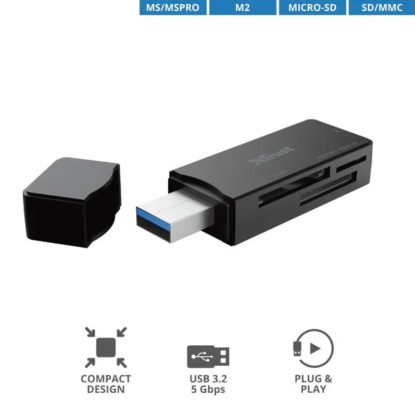 Кардрідер Trust Nanga USB-A 3.2 > SD/microSD/MS/MSPRO/ммC/M2, чорний