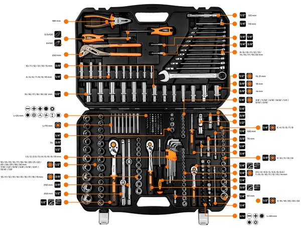 Набор инструментов Neo Tools, 233 шт, 1/2", 1/4", 3/8", CrV, кейс фото №2