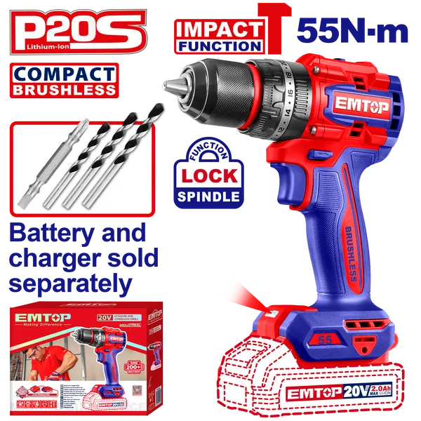 Дрель-шуруповерт ударная аккумуляторная EMTOP ECIDL20558 (АКБ + ЗУ)