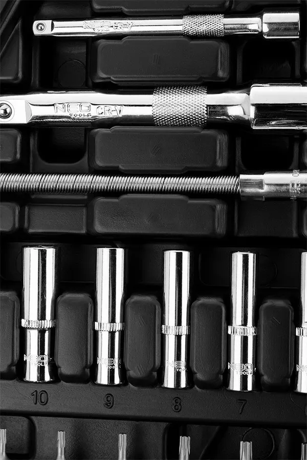 Набор инструментов Neo Tools, набор торцевых головок, 94шт, 1/2", 1/4", CrV, кейс фото №8