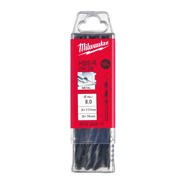Свердло по металу HSS-R MILWAUKEE DIN338, діаметр 8,0х117х75мм, (10шт), пластикова коробка