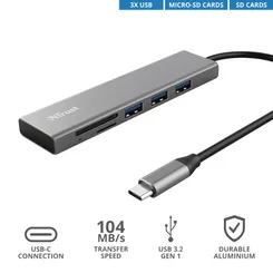 Хаб Trust Halyx USB-С > 3xUSB-А 3.2/SD/microSD, Алюміній, 0.15м, Сірий фото