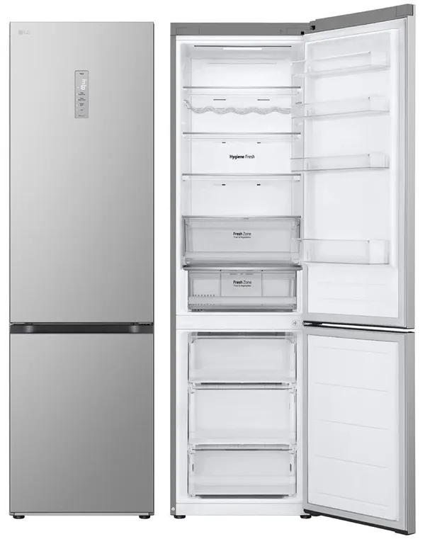 Холодильник LG з нижн. мороз., 203x60х68, холод.відд.-277л, мороз.відд.-110л, 2дв., E, NF, інв., диспл зовн., зона св-ті, сріблястий